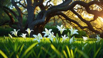 Lily Under Tree with Grass in Sunlight photo