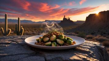 Brussels Sprout on Plate with Desert Sunset Scenery photo