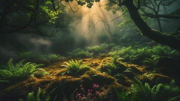 Fern Forest Landscape with Moss and Sunlight photo