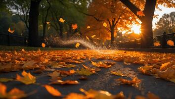Autumn Leaves Falling in Park Setting at Sunset photo