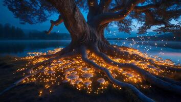 Glowing Mushrooms and Tree Roots by Lake at Night photo