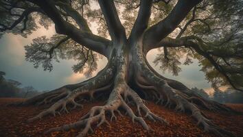 Majestic Tree with Exposed Roots and Autumn Leaves photo