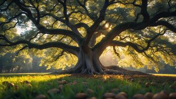 Majestic Tree Sunlight Landscape Green Field Leaves Nature photo