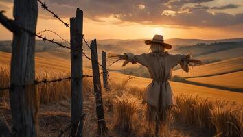 Scarecrow Stands in a Wheat Field at Sunset photo