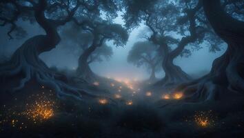 Forest with Glowing Lights in Fog photo