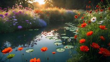 Flower and Lily Pond with Water Reflections photo