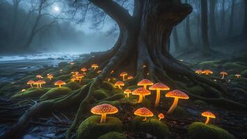 Glowing Mushroom in Dark Forest with Moon and River photo