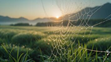 Dewy Spiderweb at Sunrise Over a Field photo