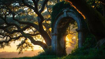 Ancient Stone Arch with Vines and Large Trees at Sunset photo