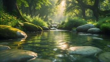 Forest River View with Green Trees and Rocks photo
