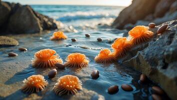 Sea Anemone on Beach with Ocean Waves in Sunny Weather photo