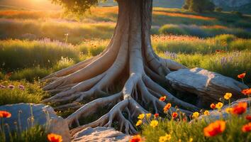 Tree with Roots in Field of Flowers at Sunrise photo