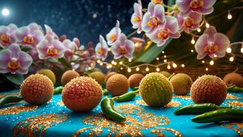 Lychee Fruit with Orchid Blossom and Chili Pepper photo