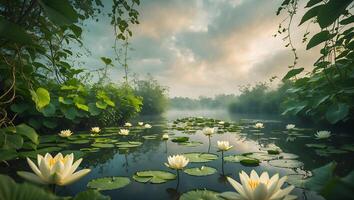 Water Lily on Lake with Mist and Greenery photo