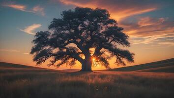 Oak Tree at Sunset in Meadow photo