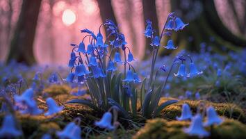 Bluebell Flower Blooming in Forest Sunlight photo