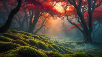 Autumn Tree in Forest with Mossy Ground and Fog photo