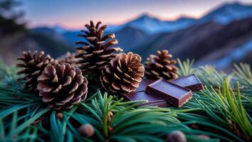 Pine Cones and Chocolate Pieces on Pine Needles with Mountain Backdrop photo
