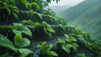 Rainy Day on Steps Covered in Green Plants in Mountainous Landscape photo