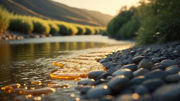 River Stream with Rock and Mountain Landscape photo