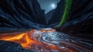 River with Lava Flowing Through Canyon Under Moonlight photo