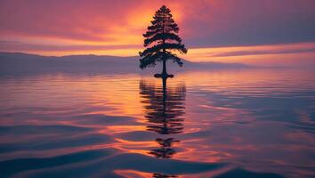 Lone Tree at Sunset on Water Creating Reflection photo
