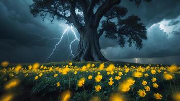 Old Tree and Yellow Flower Field with Lightning Storm photo