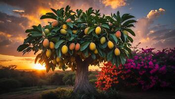 Mango Tree with Yellow and Orange Fruits at Sunset photo