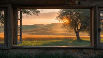 Rolling Hills Through Window with Tree at Sunset photo