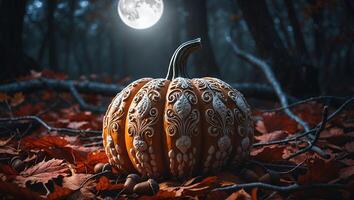 Decorated Pumpkin in Forest with Moon photo