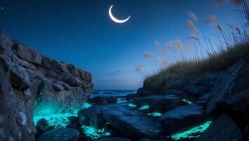 Coastal Night Scene with Moon and Glowing Rocks photo