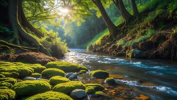 River Flows Through Mossy Forest photo
