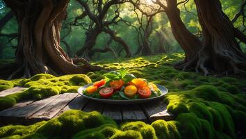Tomato Salad in Forest Setting with Moss and Trees photo