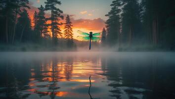Dragonfly Over Misty Lake at Sunrise photo