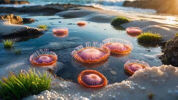 Pink Jellyfish in Tide Pool at Sunset photo