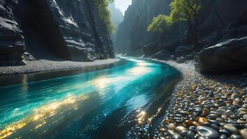 River Flowing Between Cliffs with Rocks and Trees photo