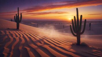 Cactus in Desert at Sunrise with Sand Dunes and Colorful Sky photo