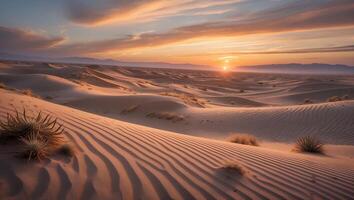 Sand Dune Landscape at Sunset with Warm Light and Rippled Sand photo
