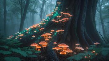 Glowing Mushroom on Tree in Forest photo
