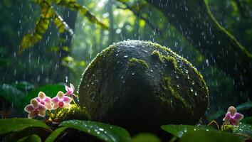 Orchid and Rock in Rainforest Under Rain photo
