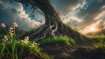 Old Tree Roots and Meadow Landscape with Cloudscape and Sunrise photo