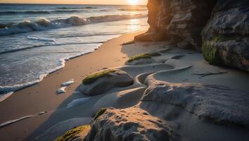 Ocean Wave on Sandy Beach with Rock Formations at Sunset photo