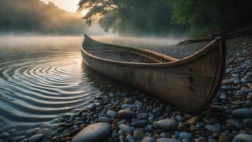 Canoe on Riverbank at Sunrise in Misty Environment photo