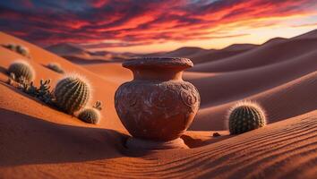 Clay Pot in Desert with Cactus and Dunes at Sunset photo