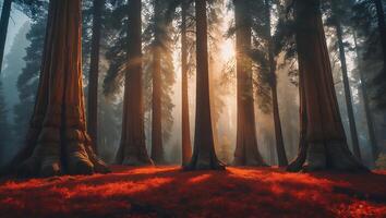 Forest with Sunlight Beaming Through Trees photo