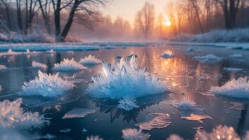 Ice Crystal on Frozen Water at Sunset in Winter photo