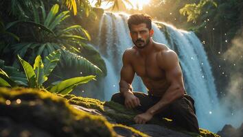 Shirtless Man Sitting by Waterfall in Jungle photo