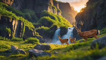 Deer Family by Waterfall at Sunset in Mountain photo