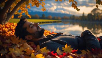 Man Relaxing on Autumn Leaves by Lakeside photo