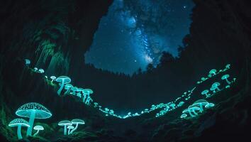 Glowing Mushroom in Cave with Starry Sky photo